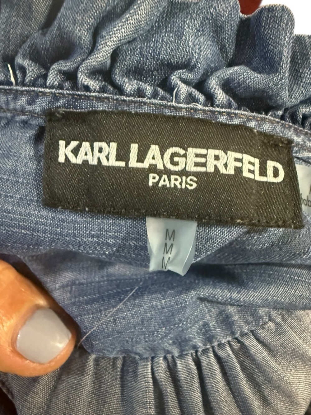 KARL LAGERFELD Boho Women’s PARIS Ruffle Trim Chambray Blouse blue Medium - Picture 4 of 8